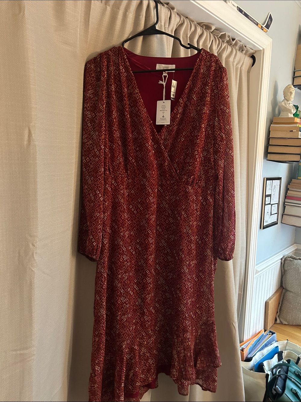 Lucky Brand Burgundy Red Patterned V-Neck Long Sleeve Dress